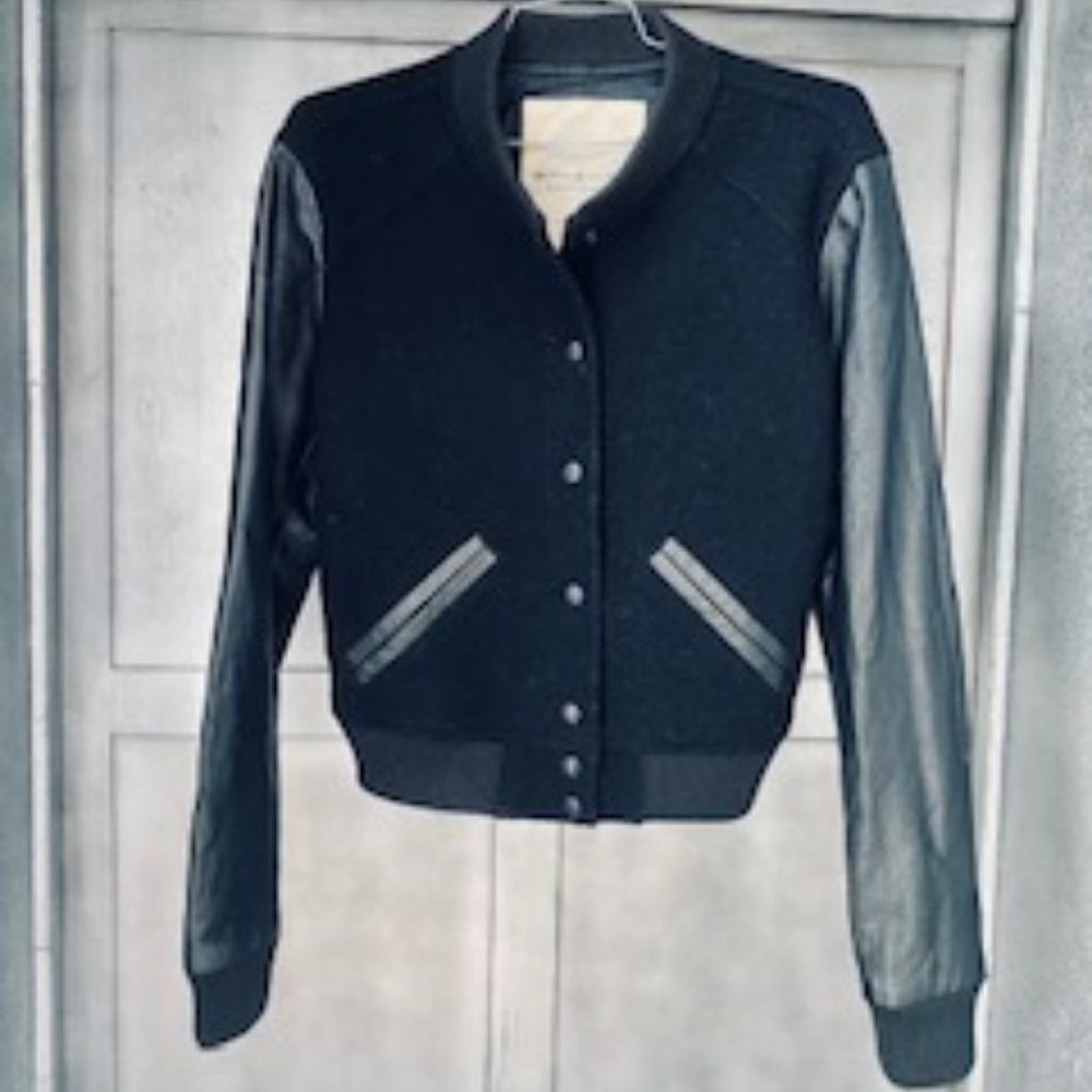 Varsity Style Bomber Jacket, Faux Leather Sleeves
